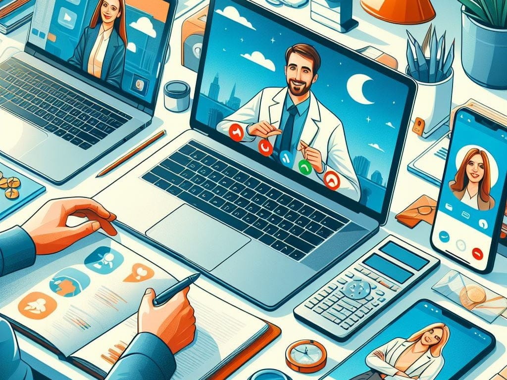 A collage of different laptops for teletherapy models and a therapist video chatting with a client on one of them