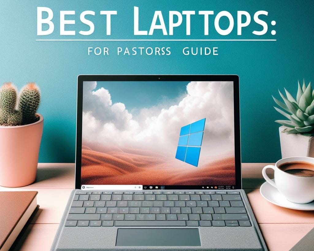 A image for Best Laptops for Pastors, with a catchy title, a photo of a Microsoft Surface Laptop Studio, and a plain background