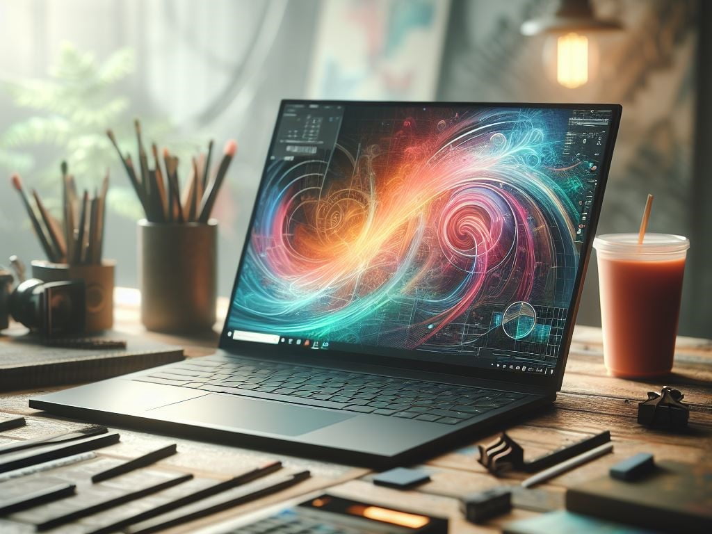 A product photography of Dell XPS 13 with a digital art on the screen and a blurred background