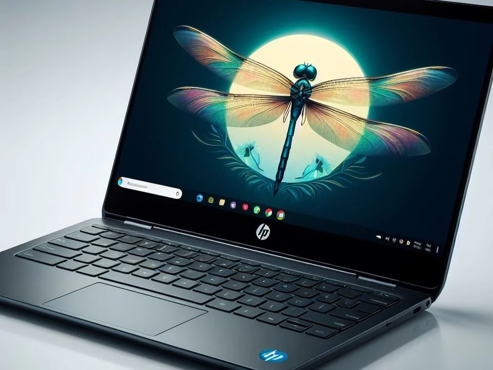 An HP Dragonfly Pro Chromebook laptop with a sleek design and a dragonfly logo on the lid