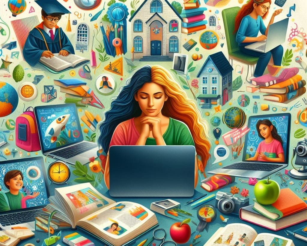 Best Laptops for Homeschool with a collage of different laptops, books, and students in a colorful and creative style