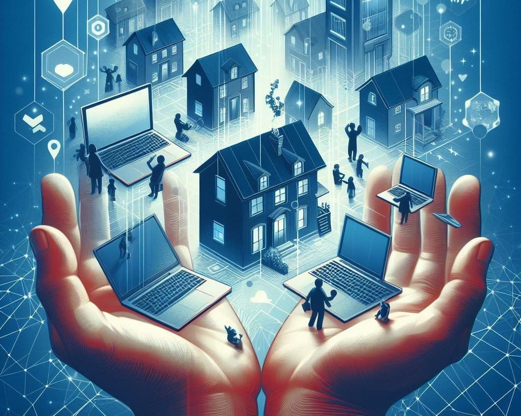 An illustration of two hands holding a digital landscape where small human figures interact with laptops and houses, symbolizing the accessibility of technology, particularly laptops for low income families