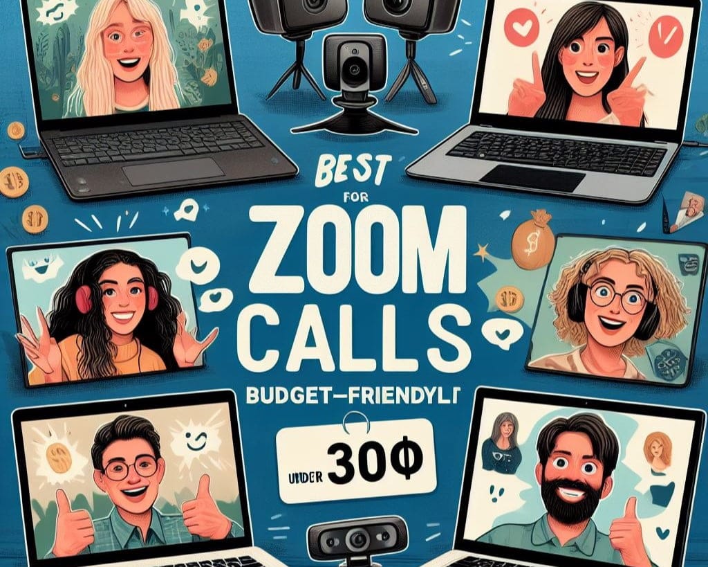 A collage of different Laptops for Zoom Under 300 with high-quality webcams and microphones, each with a price tag under 300 dollars and a catchy slogan. The background is a zoom call with smiling