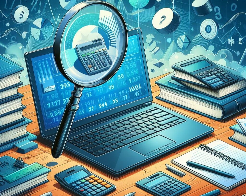 Close-up of a calculator on a best Dell laptops for accounting screen, magnified by a magnifying glass.