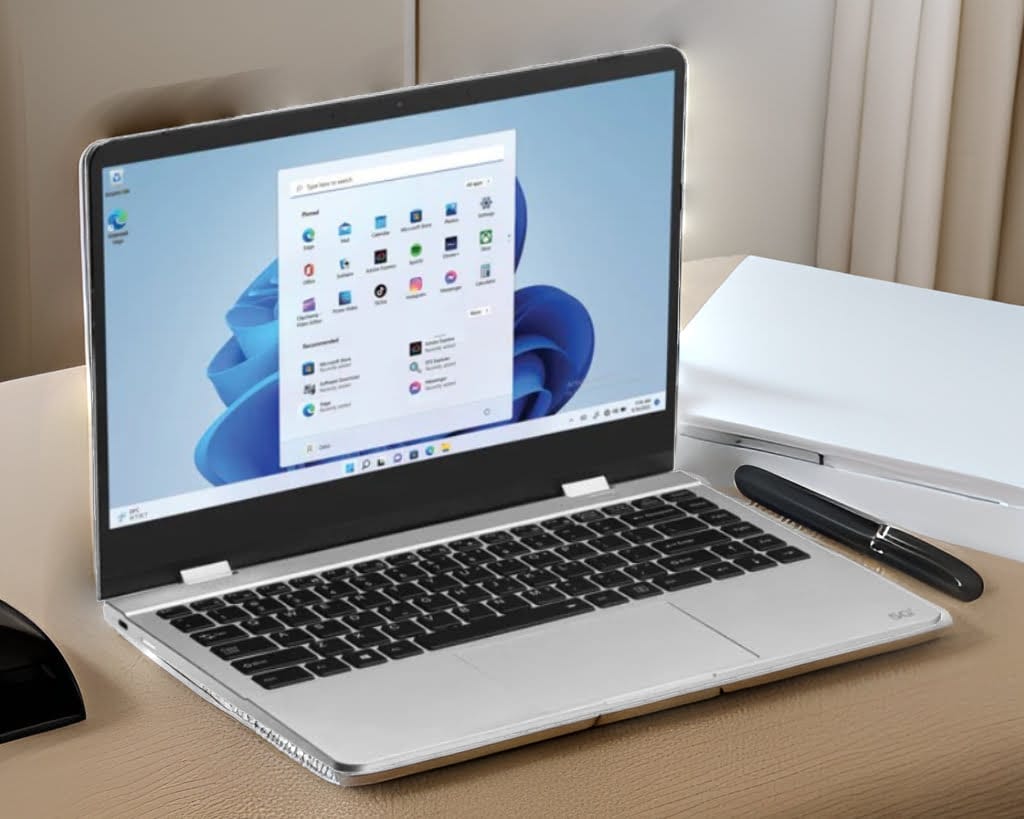 A silver Orbic AirSurf 5G laptop computer sits on a wooden table with a black mouse and a silver pen to the right of the keyboard A silver Orbic AirSurf 5G laptop computer sits on a wooden table with a black mouse and a silver pen to the right of the keyboard