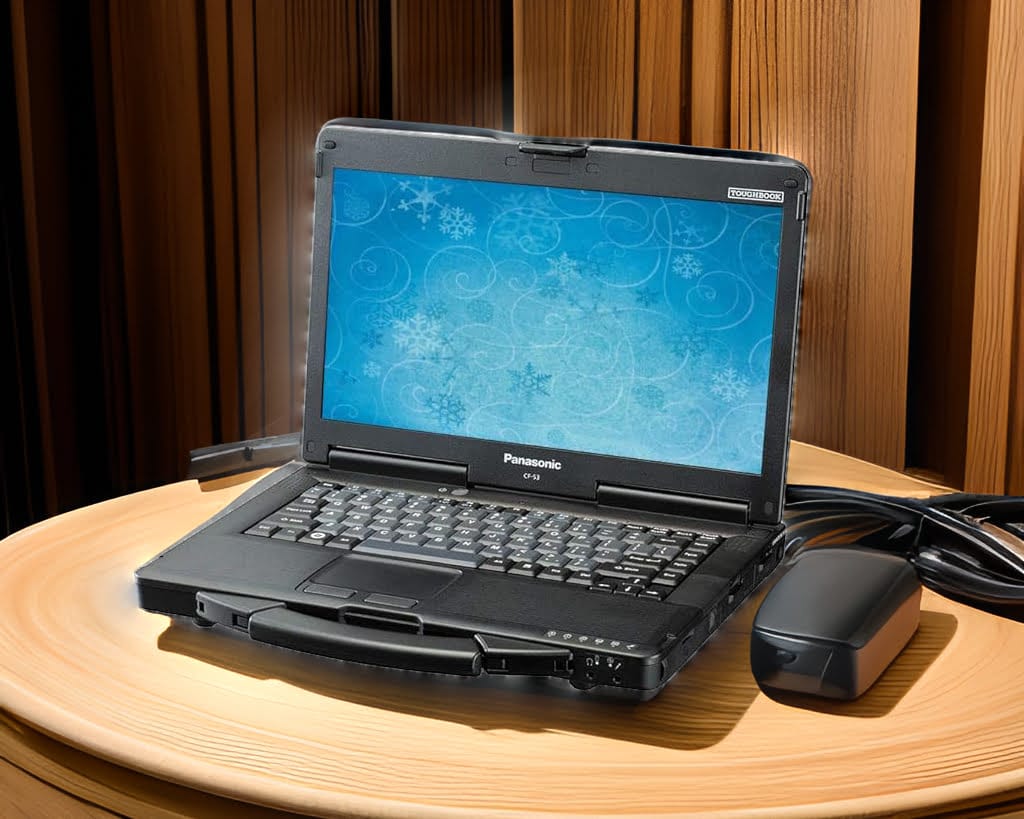 A black Panasonic Toughbook CF-53 laptop computer sits on a light colored wooden table. A black computer mouse is to the right of the laptop.