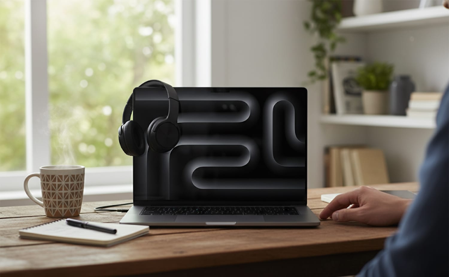 A pair of black over-ear headphones resting on a Apple MacBook Pro 16-inch laptop screen displaying an abstract black and grey maze-like design. A pair of black over-ear headphones resting on a Apple MacBook Pro 16-inch laptop screen displaying an abstract black and grey maze-like design.